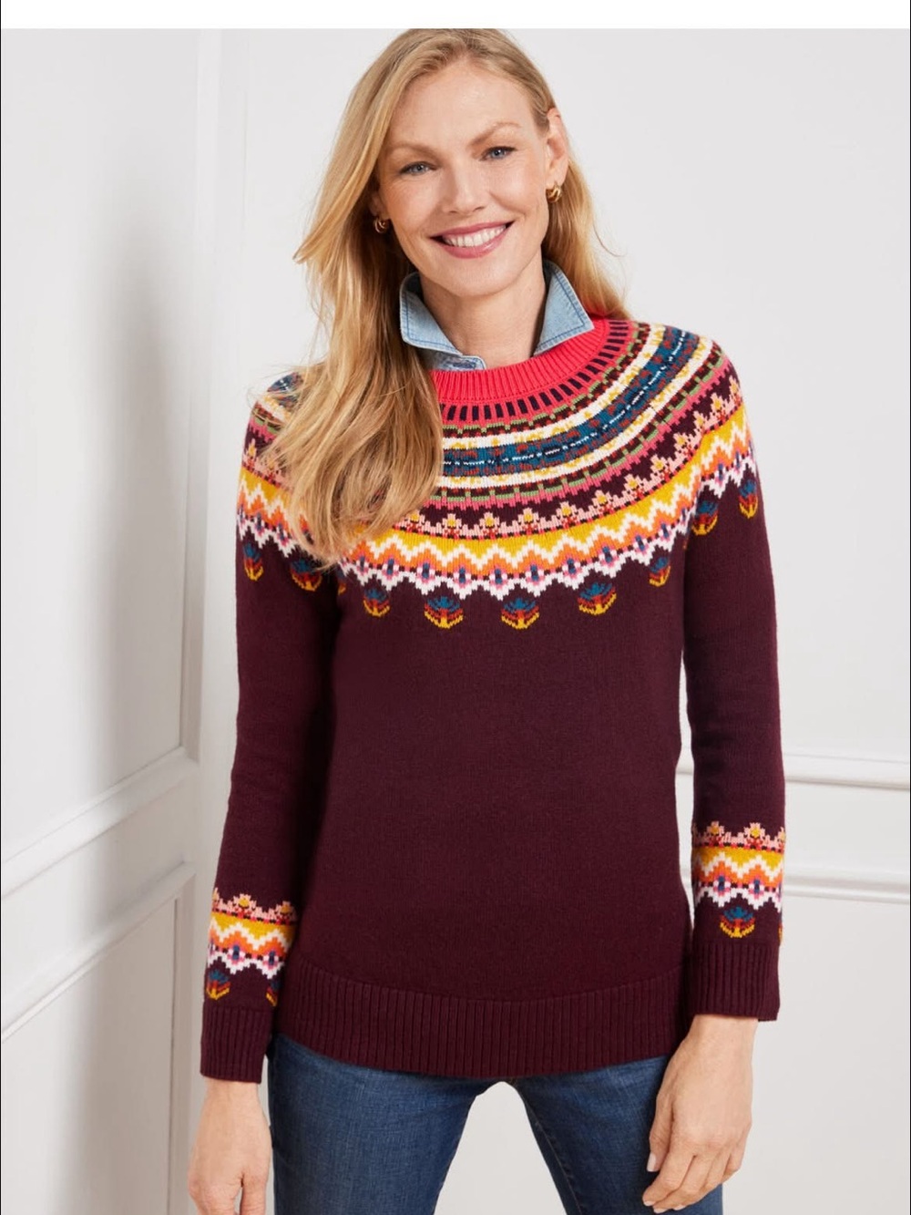 Women's Maroon Fair Isle Yoke Sweater - Unbranded
